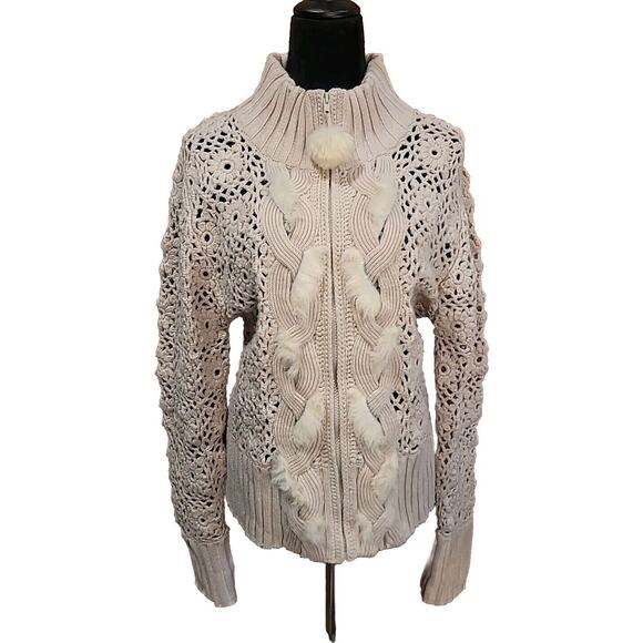 Great Cavalier by St Paul Womens Crochet Cardigan Sz L Ivory Full Zip Fur Detail - Picture 1 of 5